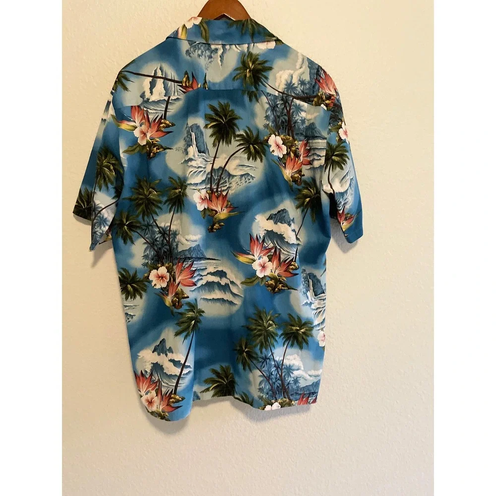 Hilo Hattie Hawaiian Shirt Blue Aloha Tropical‎ Surf All Over Print Men's M USA